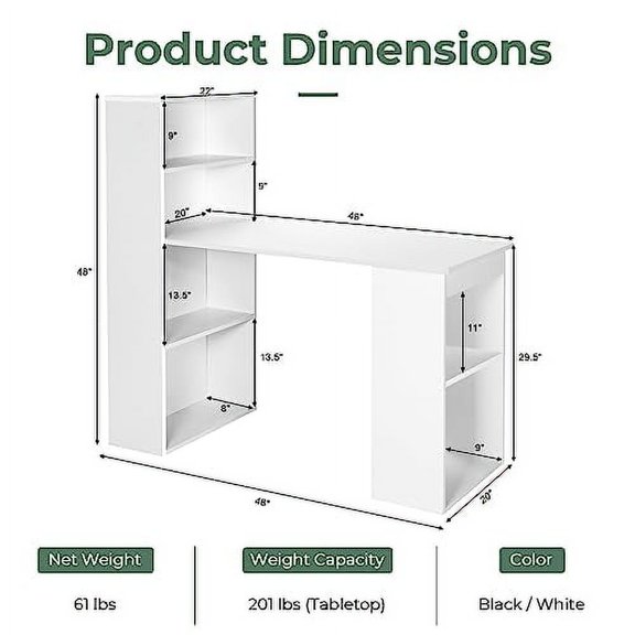 MAT EXPERT Wide Computer Desk with Bookshelf, Writing Desk with Detachable Shelf & CPU Stand, Office Desks & Workstation, Computer Desk Standing Adjustable for Bedroom, Study, Apartment (White)