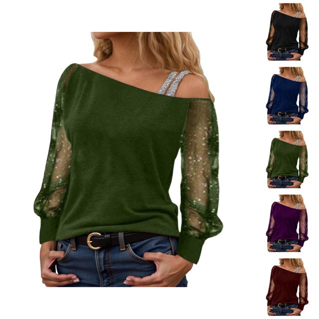 Sparkle Tops for Women 2026 Spring Fashionable Y2K Long Sleeve Off Shoulder Mesh T Shirts Going out Tops Rave Outfit