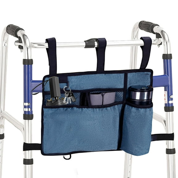Senior's Walker Bag, Walker Bag with Cup Holder, Waterproof Wheelchair Pouch Walker Accessory Basket, Blue