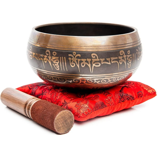 Tibetan Singing Bowl Set - Easy To Play Authentic Handmade For Meditation Sound 7 Chakra Healing By Himalayan Bazaar (Brown & Red)
