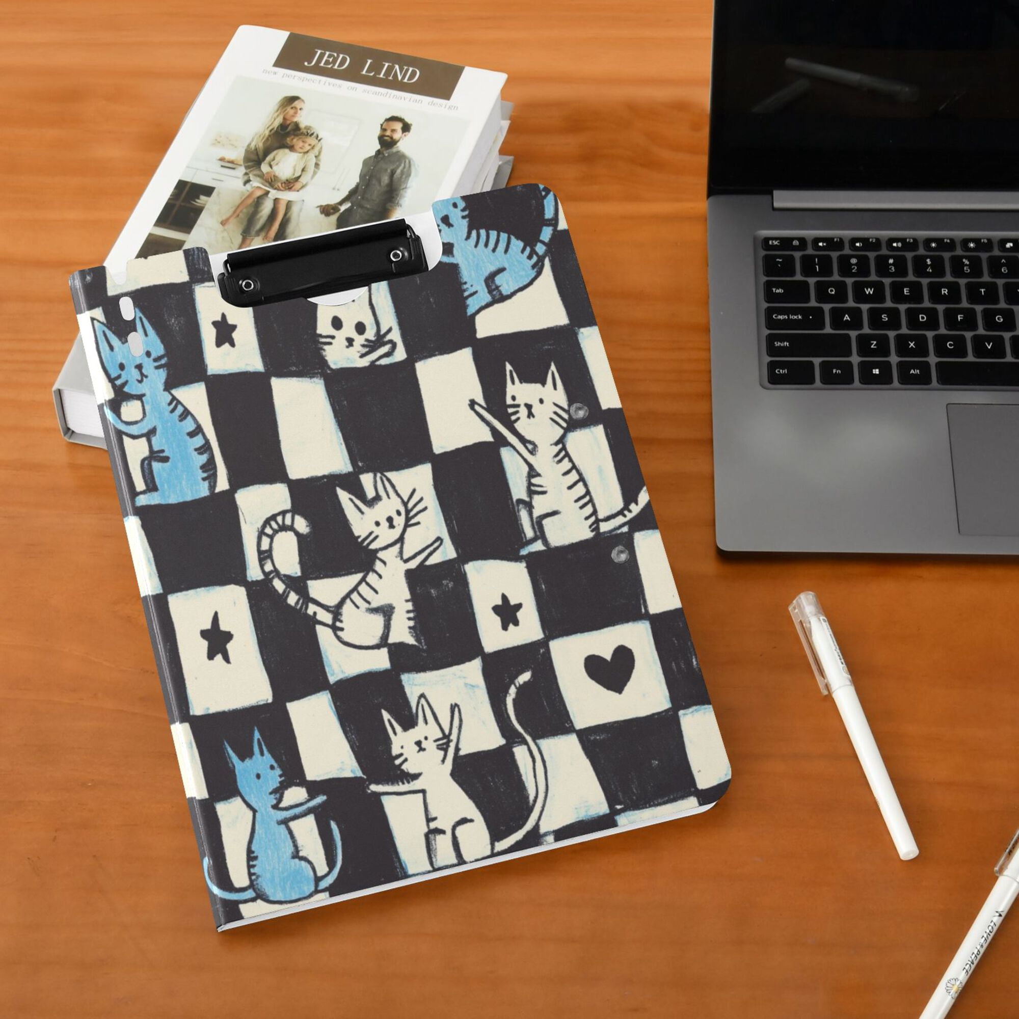 FORMRS A4 Clipboard Folder with Pen Holder Horizontal Foldable School Office Binder, Blue and White Cat