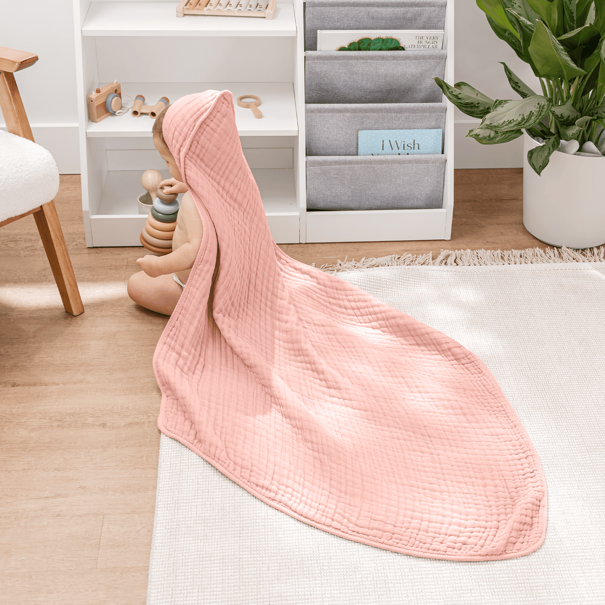 Comfy Cubs Hooded Baby Towels 2-Pack, Large 32" x 32" - 6 Layer, 100% Muslin Cotton, Bold Blush