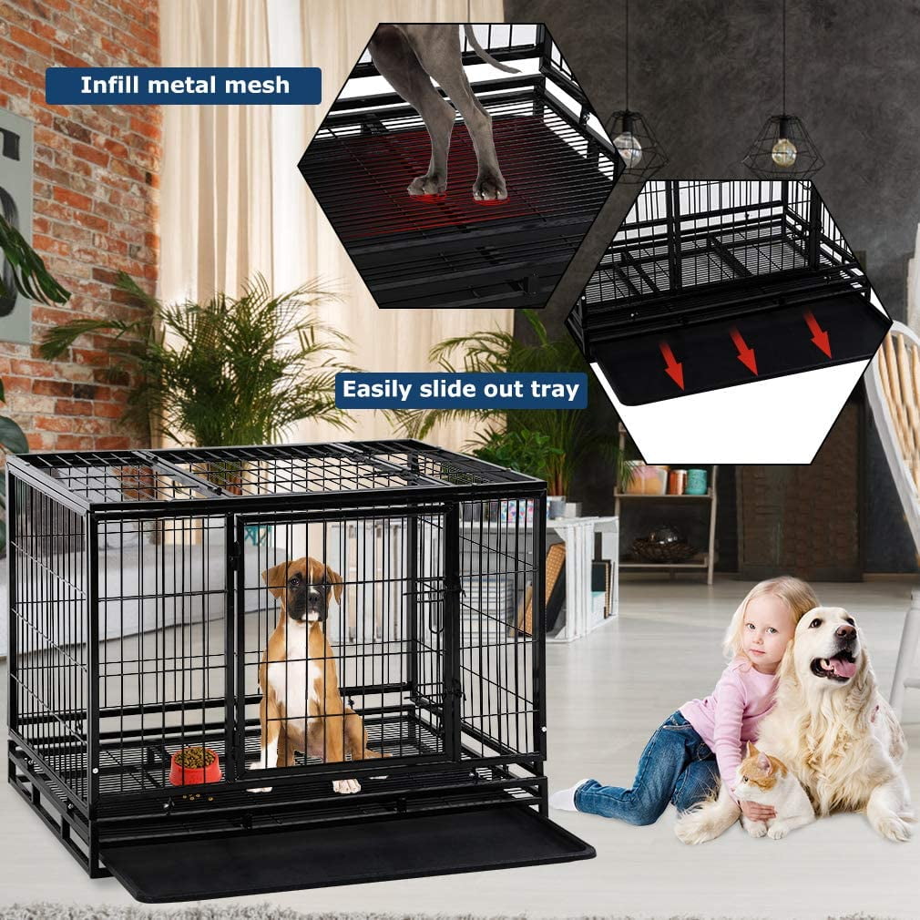 YRLLENSDAN 36/42/48 inch Heavy Duty XL Large Dog Crate for Large Dogs, Dog Crates and Kennels with Wheels Plastic Tray Double-Door Outdoor Metal Wire Pet Dog Cage for Medium Small Dogs