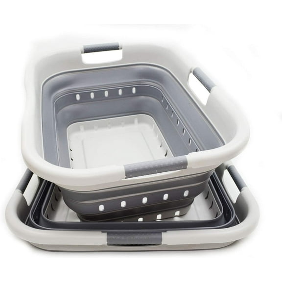 SAMMART Set of 2 Collapsible 3 Handled Plastic Laundry Basket - Foldable Pop Up Storage Container/Organizer - Portable Washing Tub - Space Saving Hamper/Basket