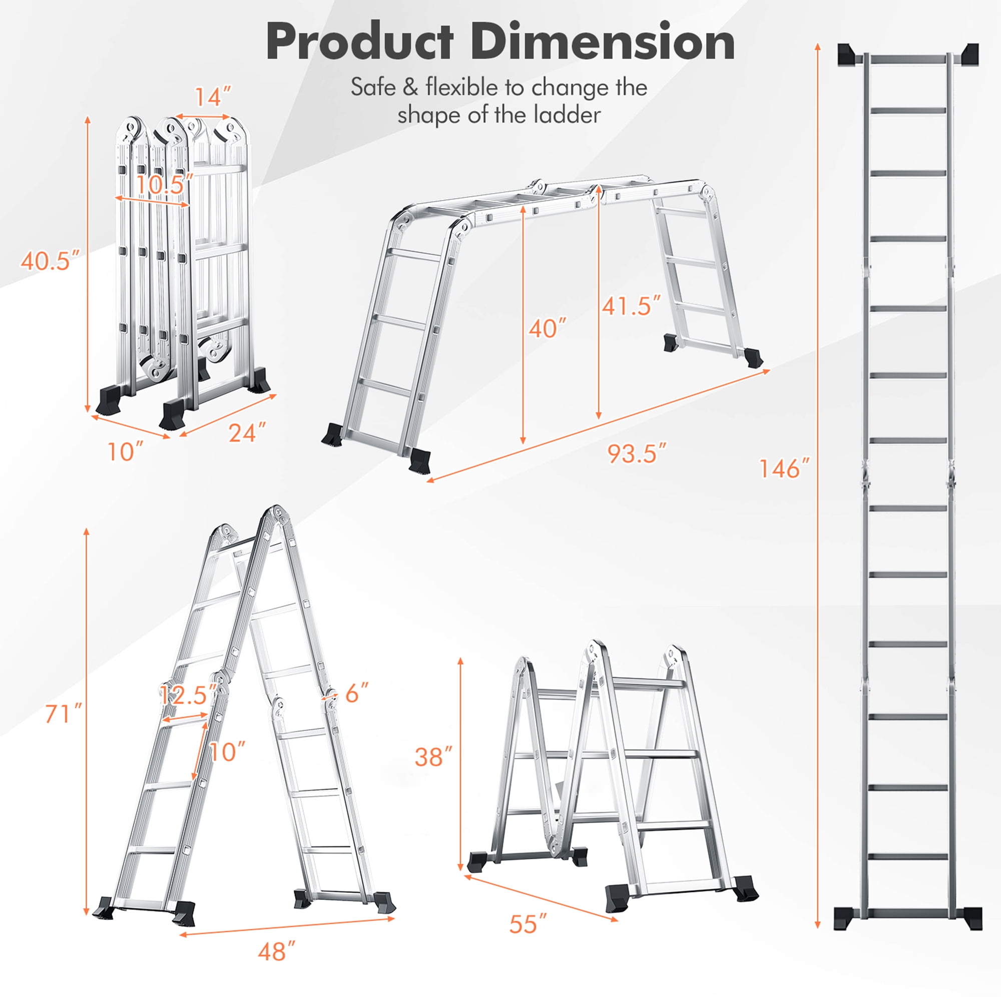 Gymax 12Ft Folding Step Ladder 7-in-1 Aluminium Alloy Extension Ladder 330 Lbs