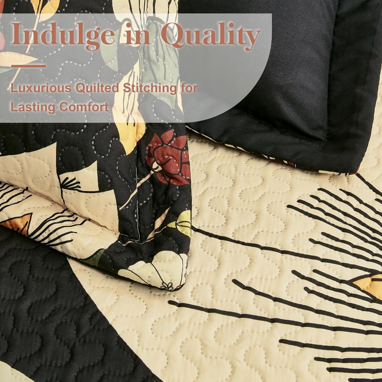 Tyrot 3 Piece Black Boho Floral Full/Queen Quilt Sets Farmhouse Reversible Comforters Bedding King Quilt Sets  90"x96"