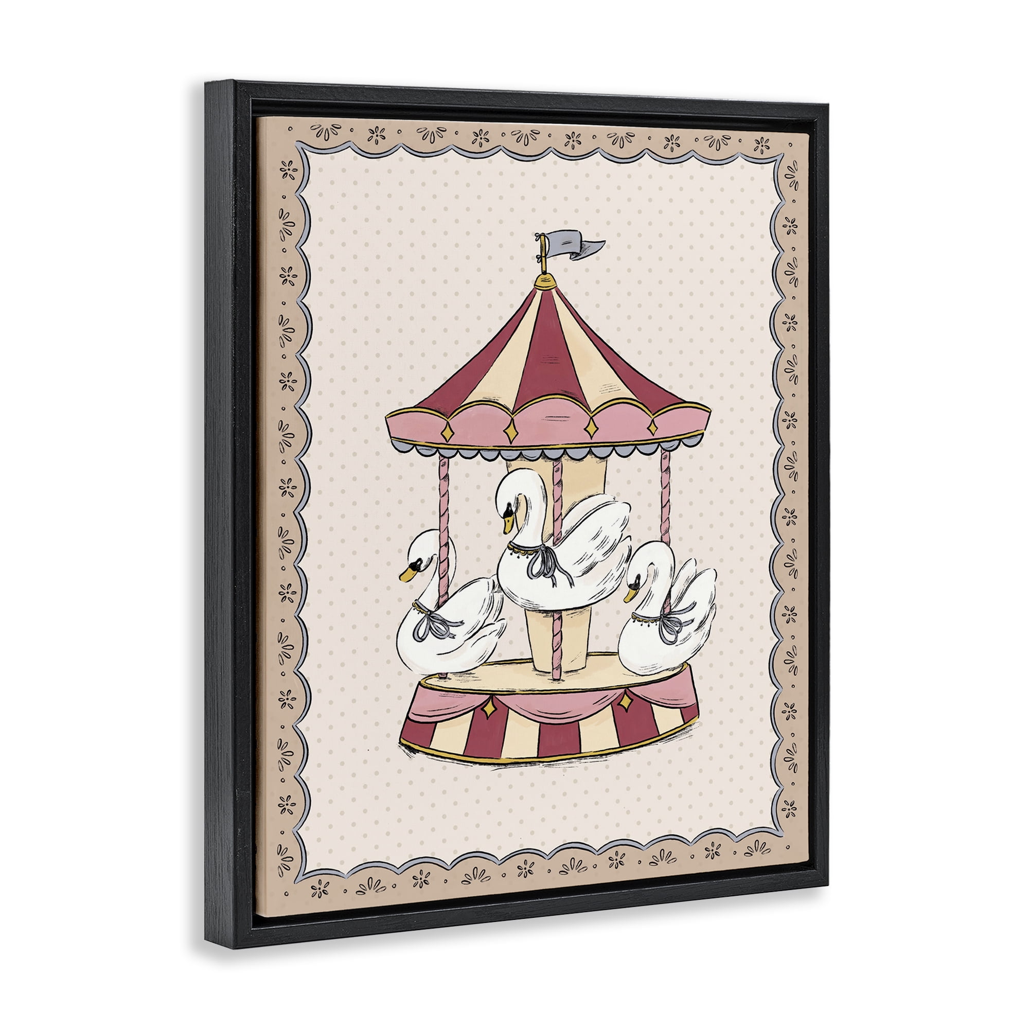 Stupell Industries Vintage Swan Carousel Animals Painting Black Floater Framed Canvas Art Print Wall Art, 25 x 31