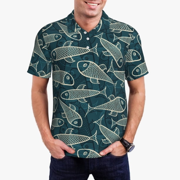 Balery Fish Style Camisa Polo de Hombre con Estampado, de Manga Corta y Tejido Medio, Camisa Tipo Golf Polo-Small