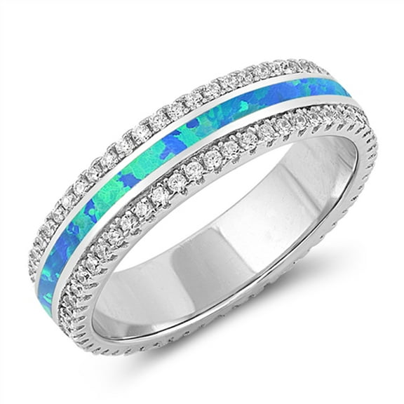 CHOOSE YOUR COLOR Blue Simulated Opal Eternity Wedding Ring .925 Sterling Silver Stripe Band White CZ Female Size 5