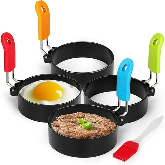 4 Pack Egg Rings,6 in 1 Egg Cooking Ring,Egg Ring for Frying Eggs,Mcmuffins,Non-Stick Round Egg Mold,Mcmuffin Mold with Anti-Scald Handle,Oil Brush for Pancakes,Sandwiches,English Muffins