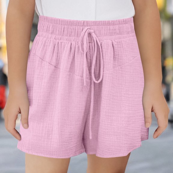 Maqroz Girls Crinkle Textured Shorts Soft Muslin Style Bloomer Bottoms Elastic Waist Breathable Casual Summer Lounge Wear Hot Weather Pants Pink,3-4 Years