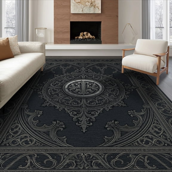 ODIKA 8'x10' Washable Area Rug Durable, Non-Slip Charcoal Black Gothic Medallion Design Intricate Filigree with Vintage Arches for Living Room, Under Sectional, Family