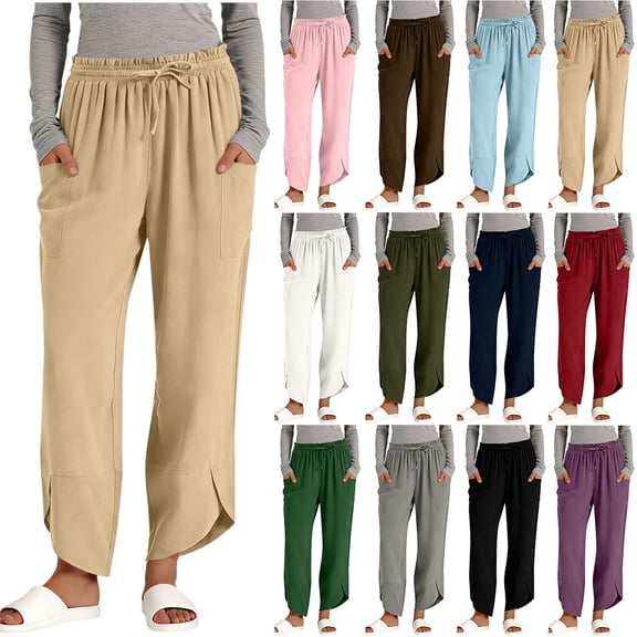 Titcea Linen Pants for Women, Elastic Waist Drawstring Flowy Split Hem Summer Casual Pants, Loose Breathable Hawaiian Vacation Beach Pants