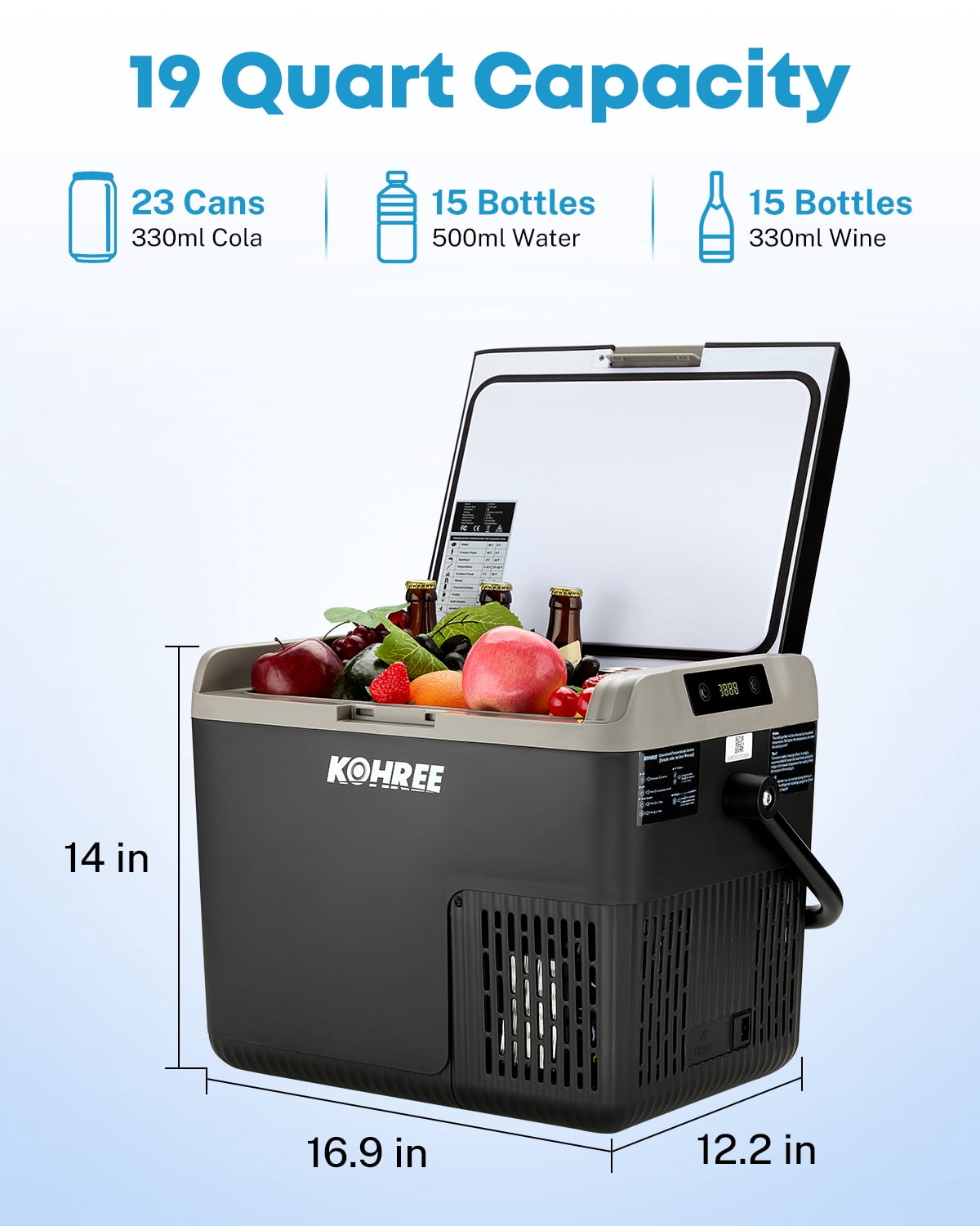 Kohree 12V/24V Portable Car Refrigerator Freezer 19QT(18L) Compressor Cooler with Handle Compact RV Truck Boat Camping Travel Outdoor Mini Electric fridge