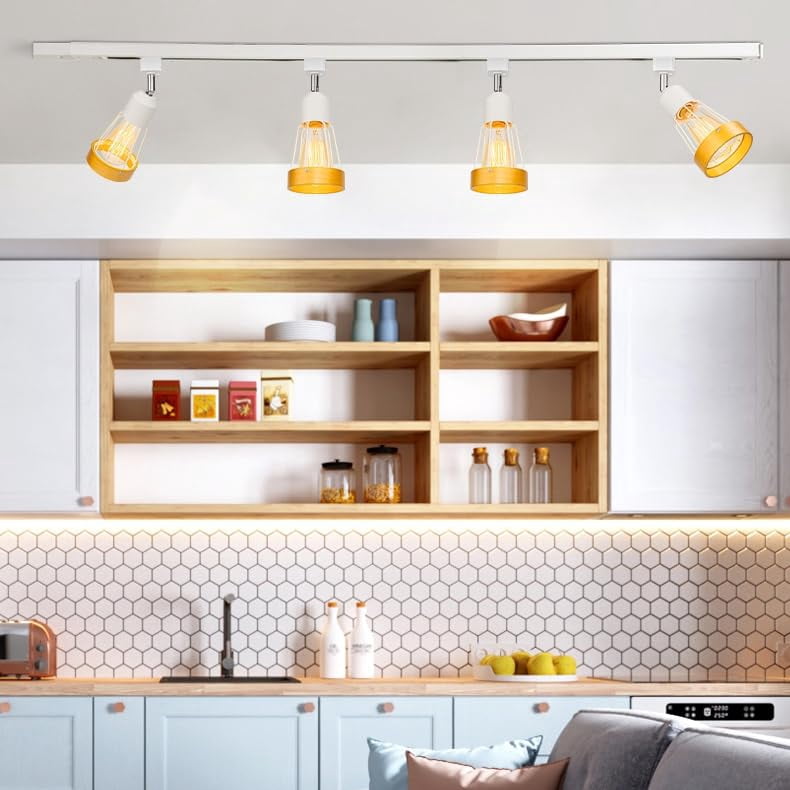 KAYYELAMP 3 Pcs Adjustable Angle J-Type Retro Style Track Head Lighting E26 Base Wood Metal White Track Ceiling Lamp Dimmable Fixture For Kitchen Aisle Home Office
