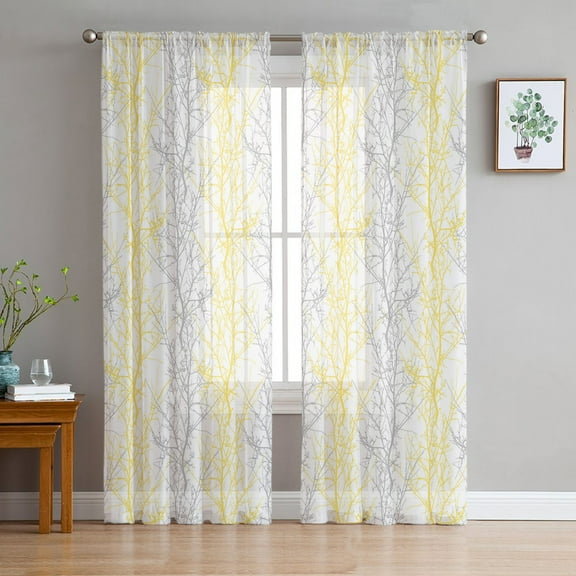 Yellow Gray Sheer Curtains 63 Inches Length 2 Panels Set, Window Sheer Curtains for Living Room/Bedroom, Pastoral Botanical Branch Aesthetics Light Filtering Rod Pocket Curtain 52'' x 63'' x 2