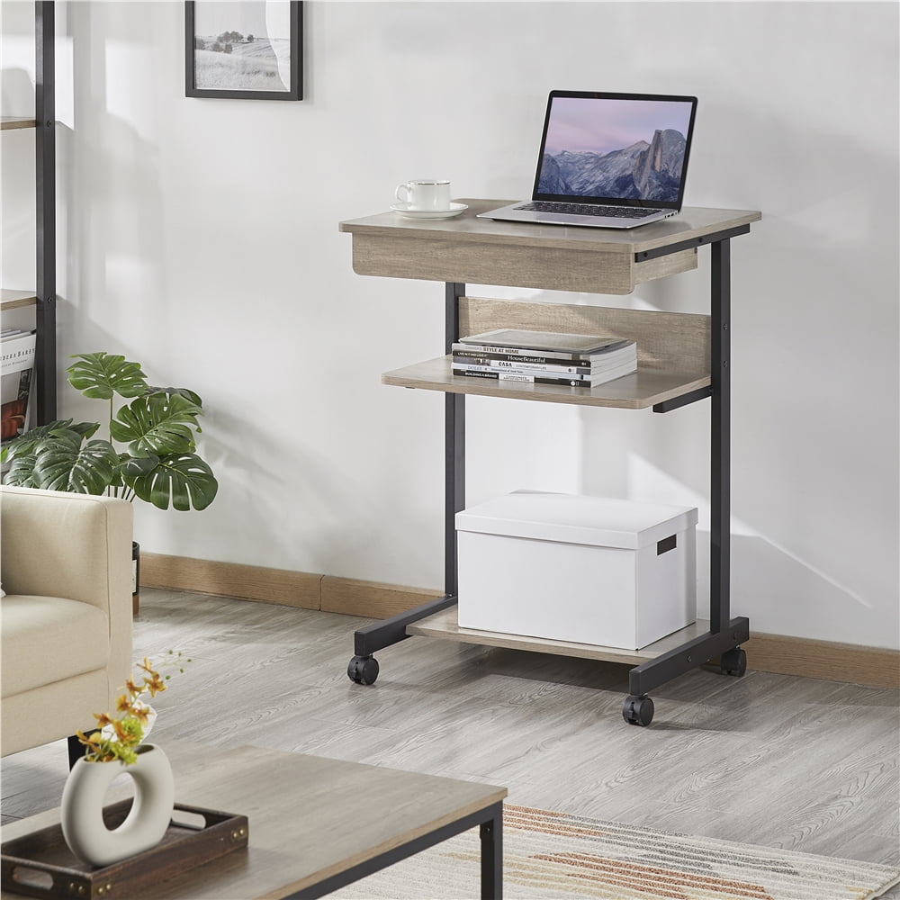 Alden Design Rolling Computer Desk with 2 Storage Shelves, Rustic Gray