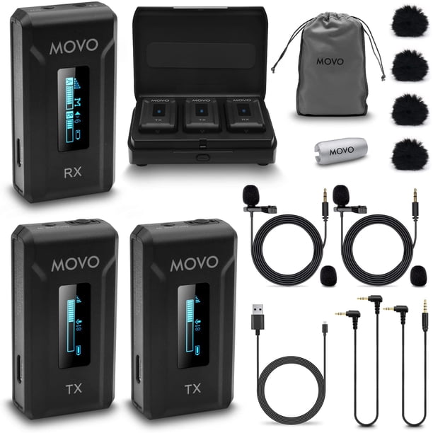 Micrófono Lavalier inalámbrico Movo WMX-2-DUO con estuche de carga