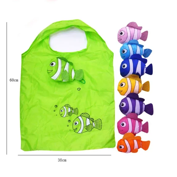 Reusable Shopping Bag Women Cute Fish Cart Flower Print Nylon Foldable Grocery Bag Creative Eco-Friendly Tote Bag Lightweight