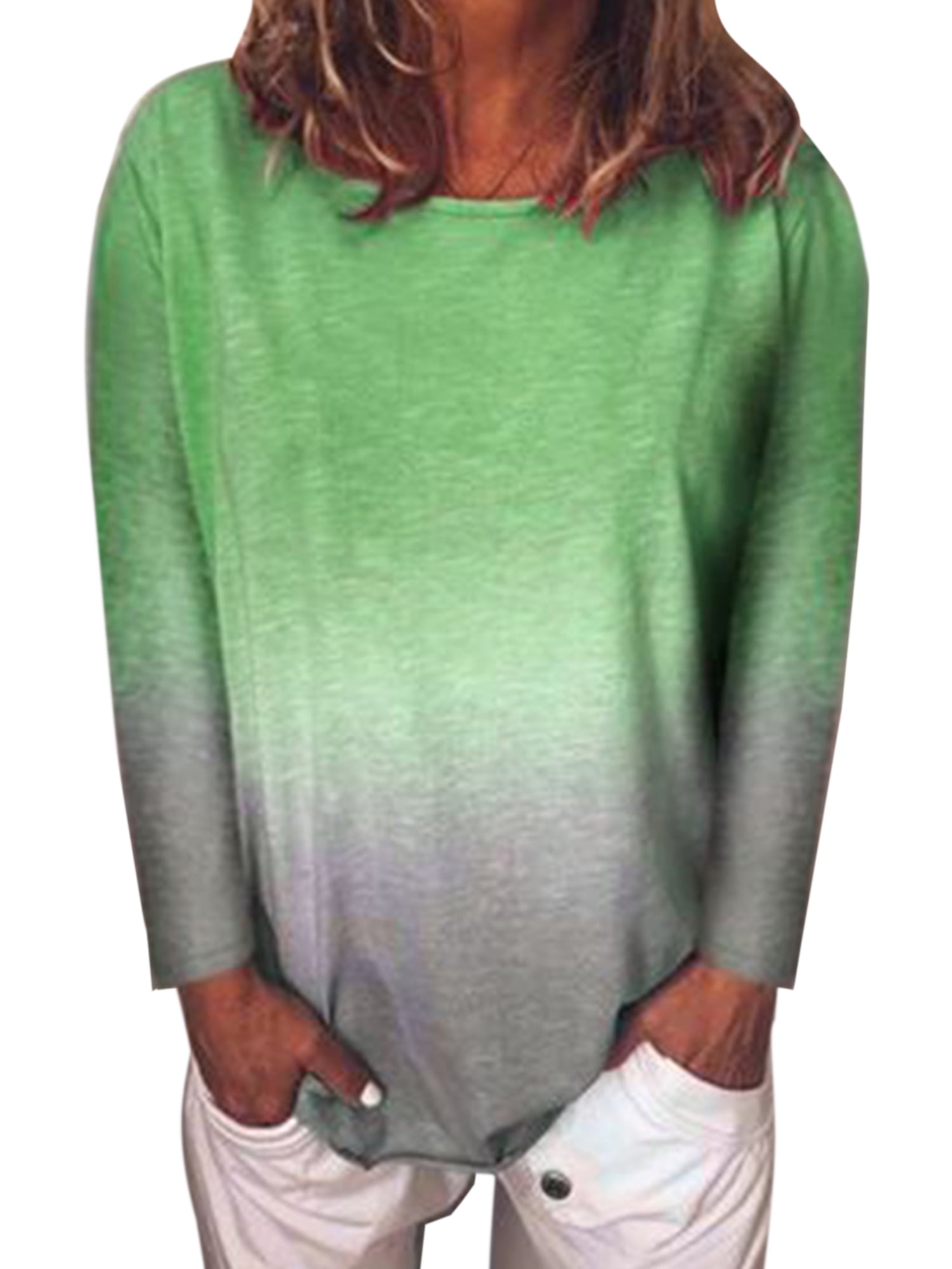 Womens Casual Sweatshirt O-Neck Gradient Contrast Color Long Sleeve Hoodie Pullover Top 