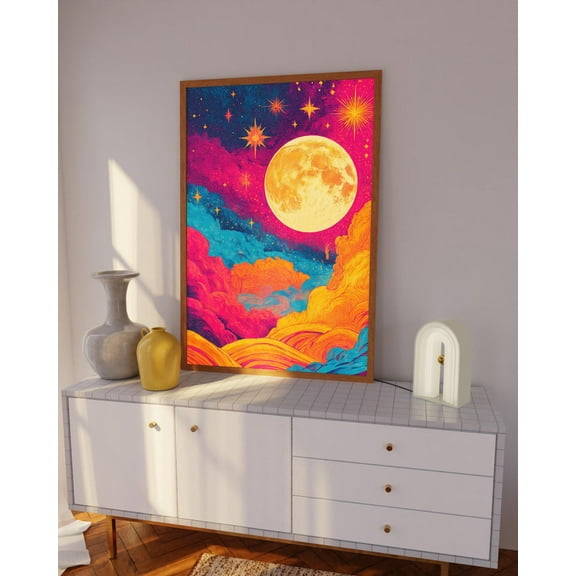 Colorful Moon And Stars Art Print, Dreamy Celestial Landscape Wall Art, Maximalist Home Decor, Full Moon Abstract Wall Decor, Wall Art Print Wall Art, Modern Wall Decor, 8x12 UNFRAMED