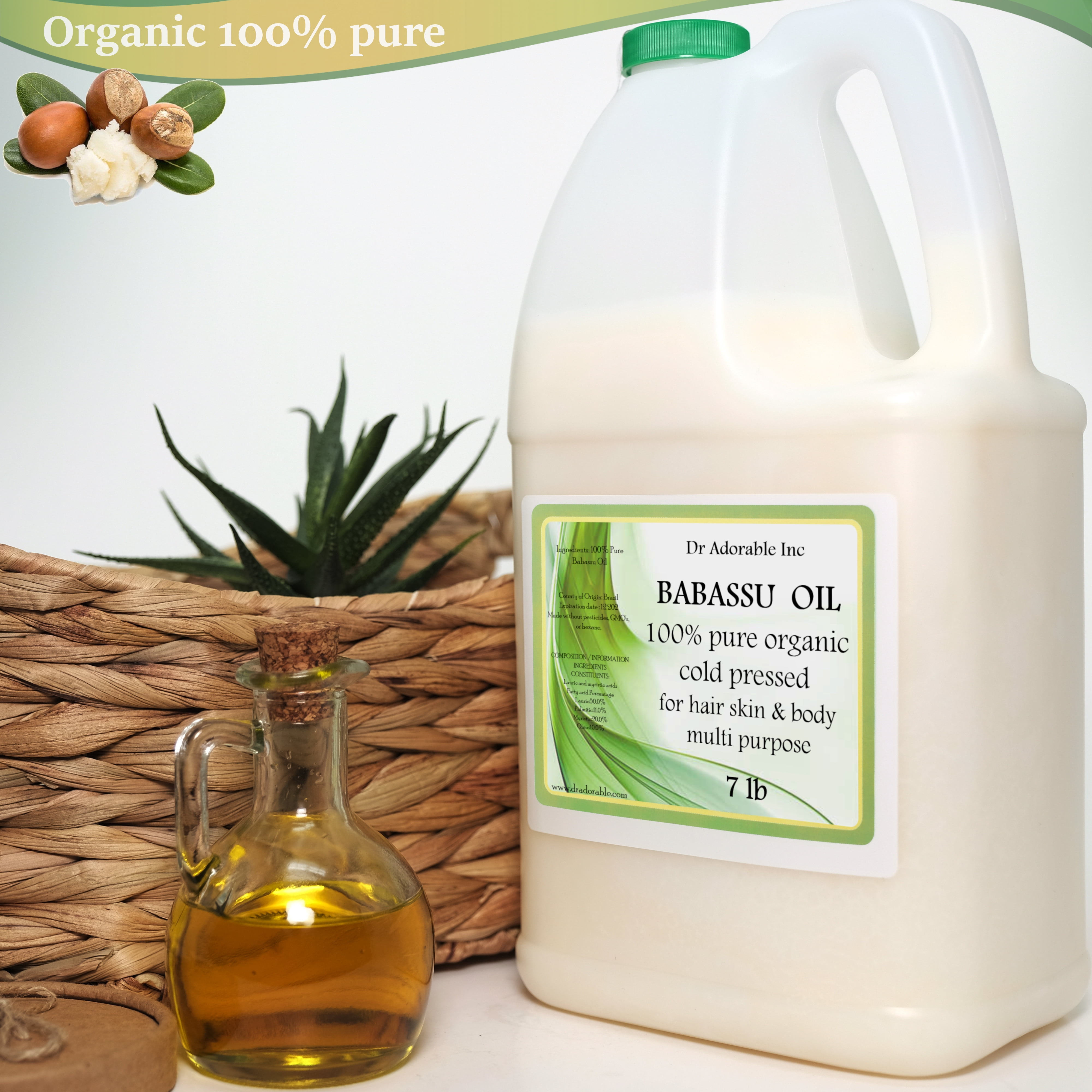 Dr Adorable - 7 lb - Babassu Oil - 100% Pure Organic Cold Pressed Moisturizing Oil For Face Skin Hair
