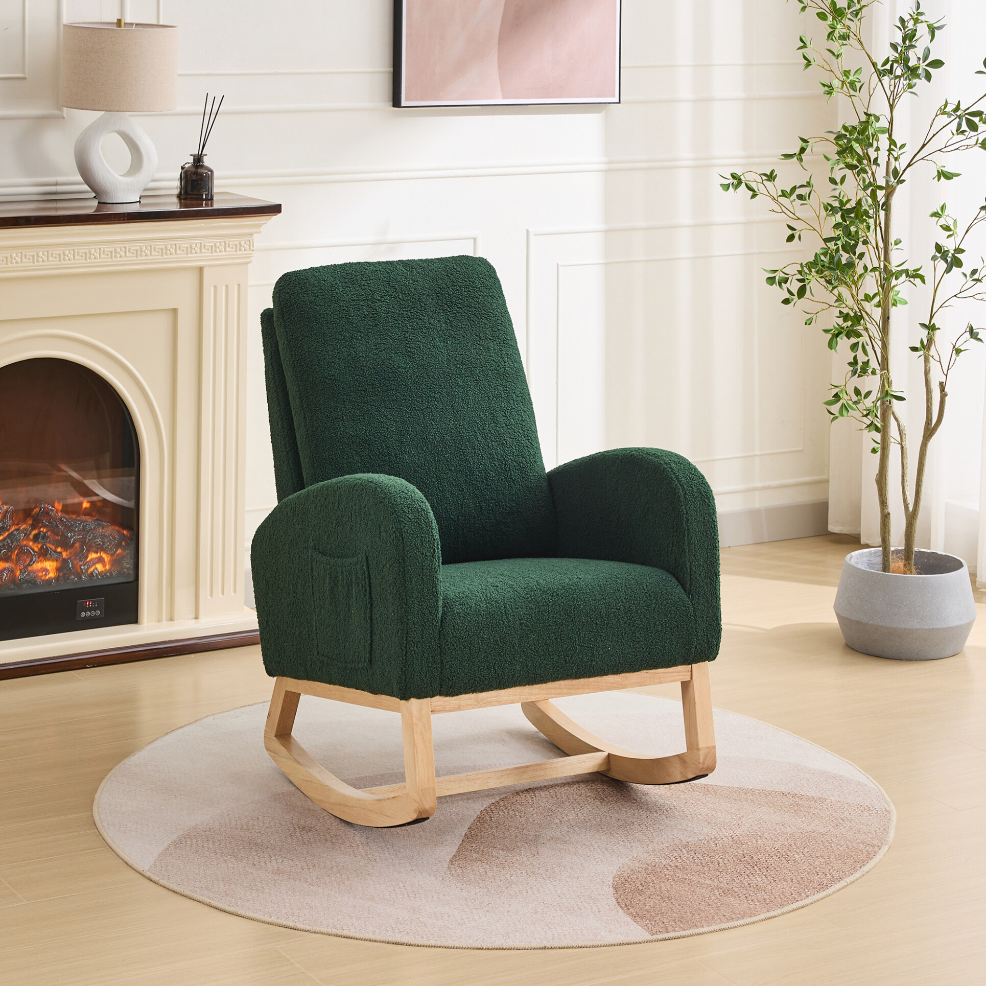 Nursery Rocking Chair with Sherpa Upholstery and Side Pockets, High Back Glider Armchair with Rubber Wood Legs for Bedroom or Living Room, Green