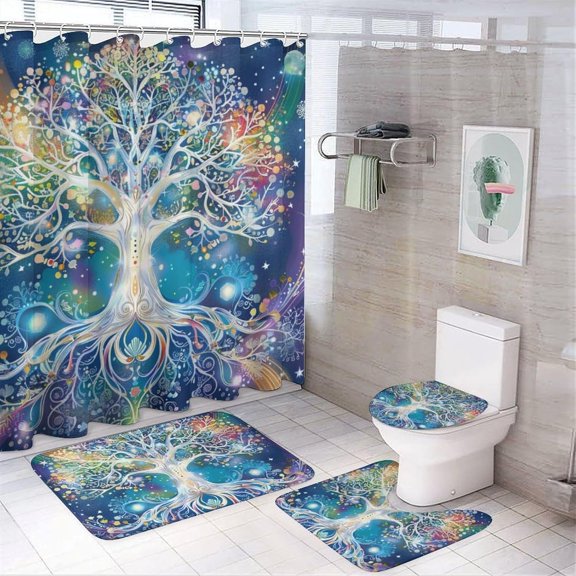 4Pcs Dreamy Tree Shower Curtain Set with Rugs, Toilet Lid Cover and Bath Mat, Glam Colorful Nature Plant Branches Bathroom Curtains Decor Shower Curtains, 72" x 72"