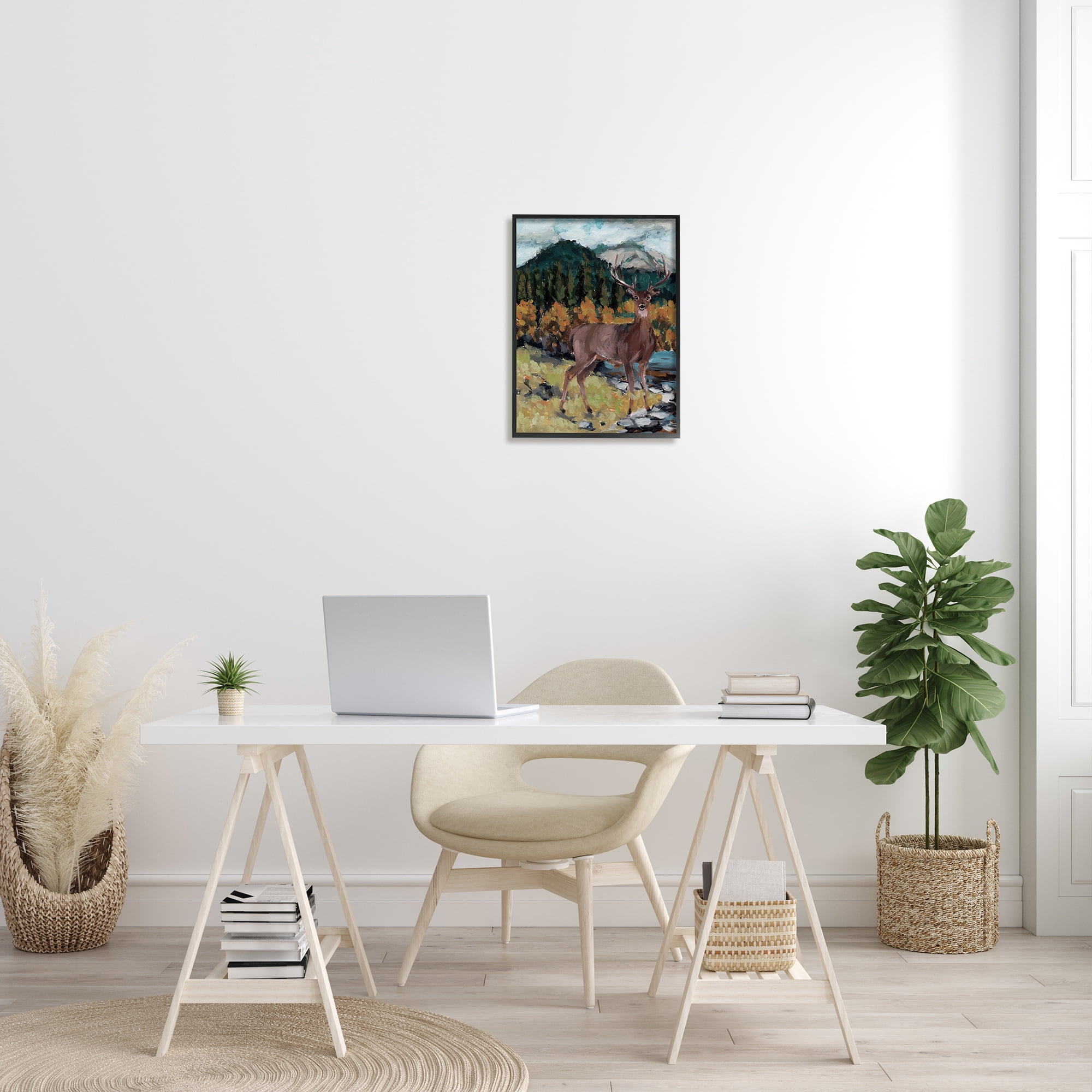 Stupell Deer Wildlife River Landscape Animals & Insects Painting Black Framed Art Print Wall Art