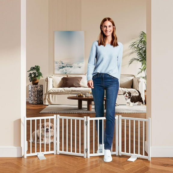 Dog Gate Indoor, 16" High Freestanding Dog Door Gates with Support Feet, Expands Up to 48’’ Wide Foldable Pet Gates for Doorways Hallways, 4 Panel Folding Pet Door Pet Fence for Puppy, White