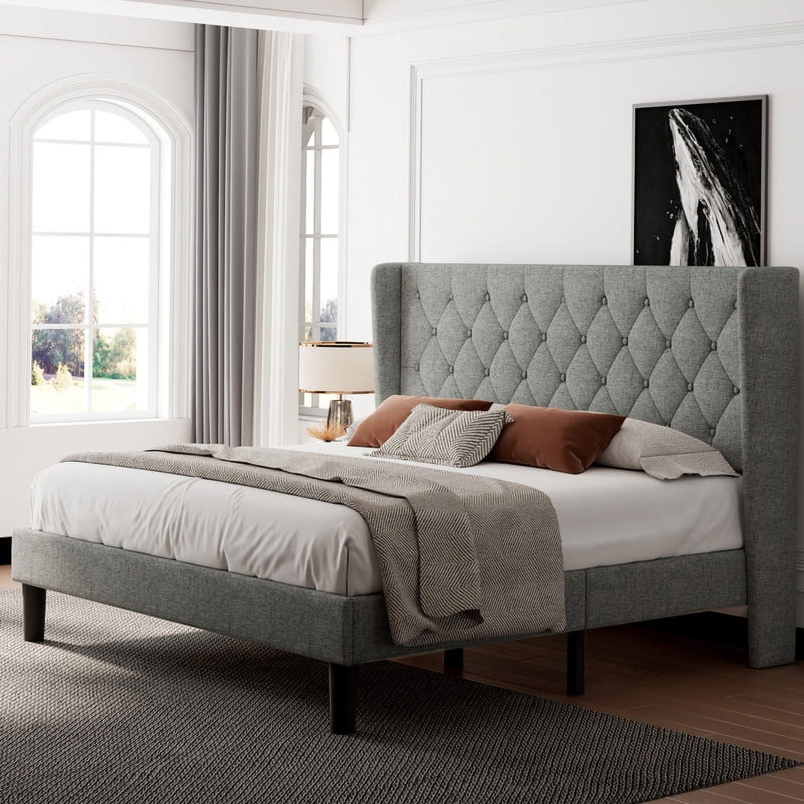 iPormis Queen Size Bed Frame with Diamond Button Tufted Wingback Headboard, Upholstered Platform Bed Frame with Strong Wood Slat Support, No Box Spring Needed, Light Gray