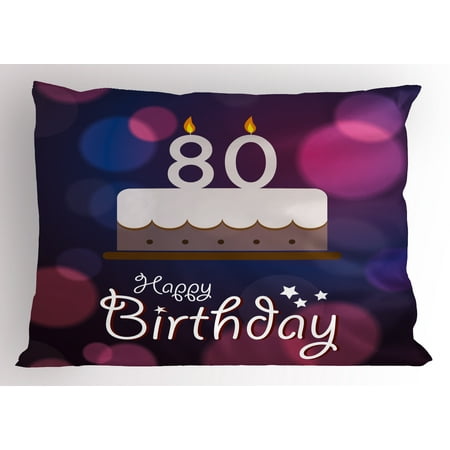 Birthday Pillowcase - 80th Birthday Pillow Sham Abstract Style Backdrop with Birthday Party Cake and Candles Print, Decorative Standard Size Printed Pillowcase, 26 X 20 Inches, Purple Pink and Lilac, by Ambesonne