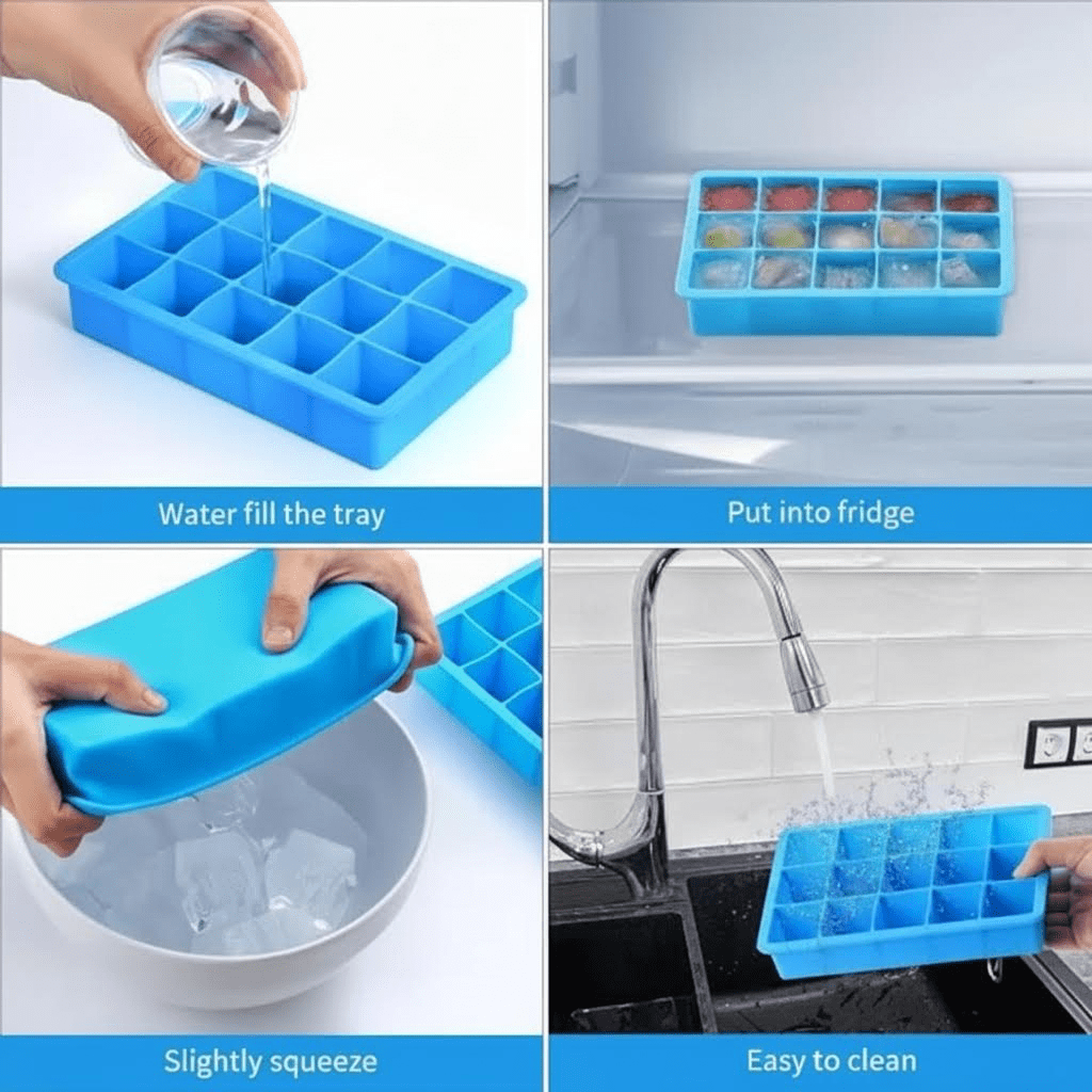 2 Pack Silicone Ice Cube Trays with Easy Release, Flexible Freezer Molds for 15 Cubes, Reusable BPA-Free for Cocktails and Whiskey