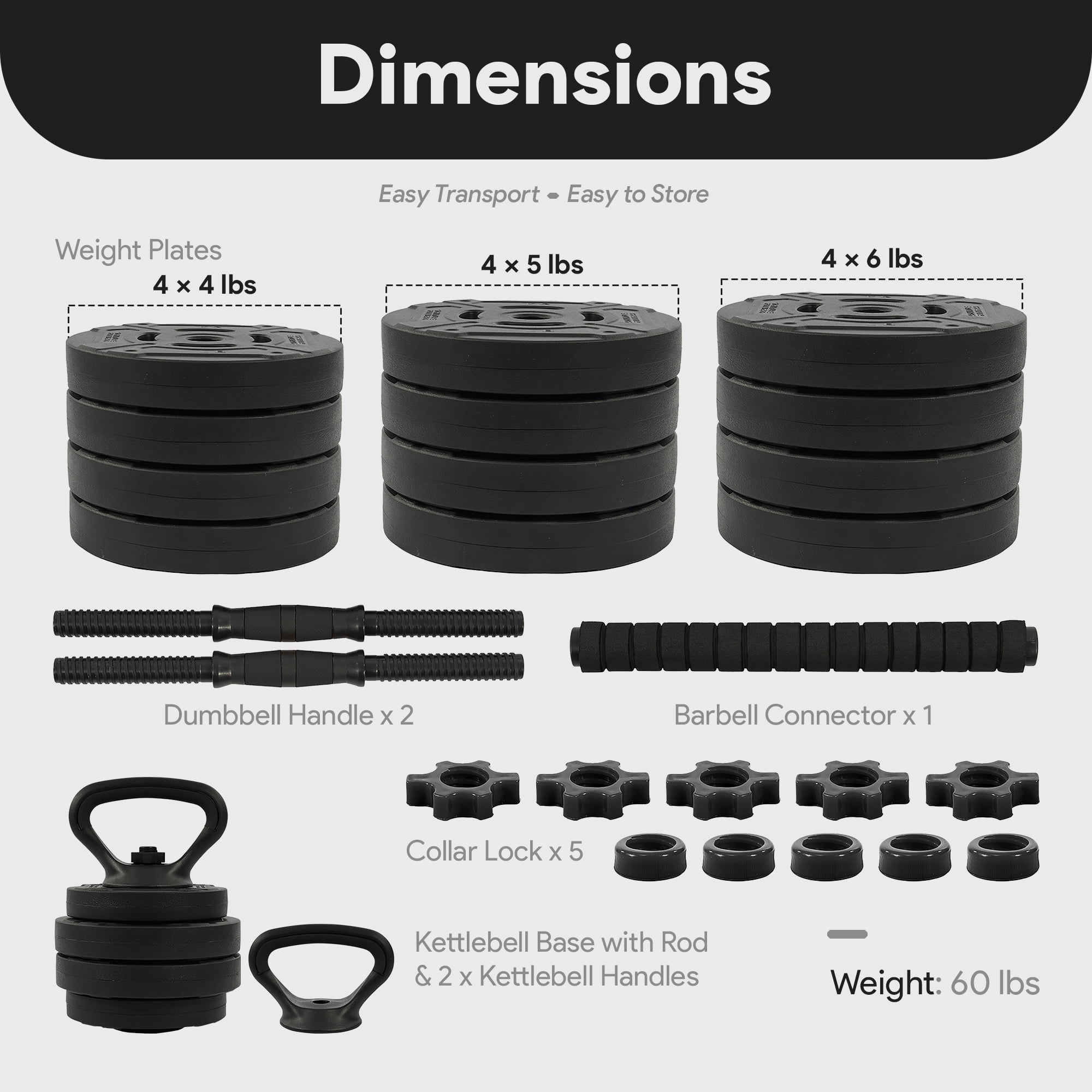 Fitvids 4 in 1 Adjustable Dumbbell Set, 60lbs Free Weights Set with Connector, Black