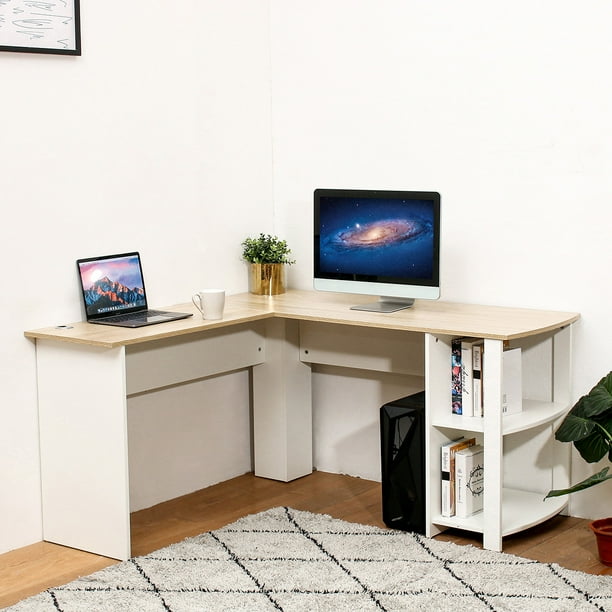 53 X 51 X 27 L Shaped Computer Desk With Hutch Laptop Wooden Table 2 Layer Bookshelves Home Office Workstation Walmart Com Walmart Com