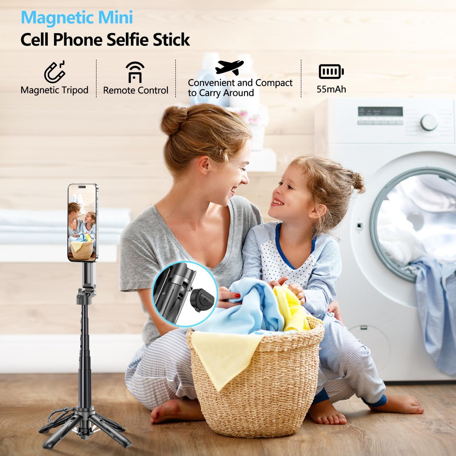 Magnetic Mini Phone Selfie Stick, Mag-Safe 4 in 1 Small Portable Pocket Tripod for iPhone/Android, with Removable Clip, Remote & 2 Fill Light Photograph/Live Streaming/Video Recording