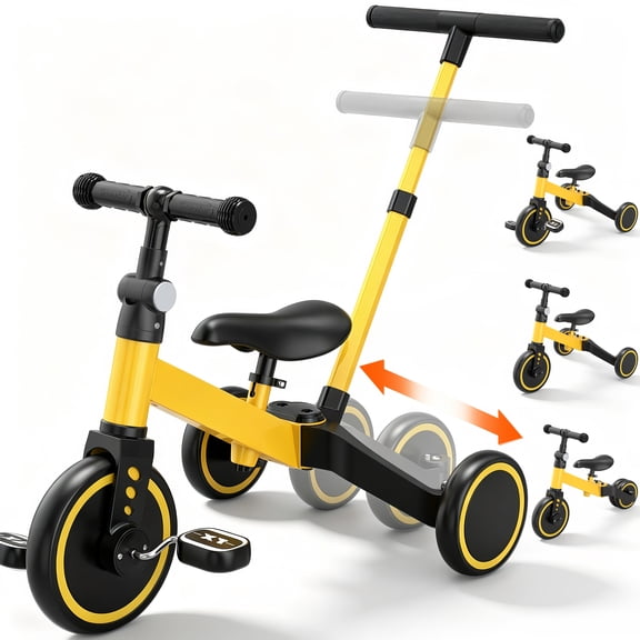TNTANTS 4 in 1 Toddler Bike, Kids Tricycle for 1-5 Years Old, Toddler Tricycle for Boy Girl, Baby Balance Bike with Parent Steering Push Handle, Removable Pedal, Adjustable Seat Yellow