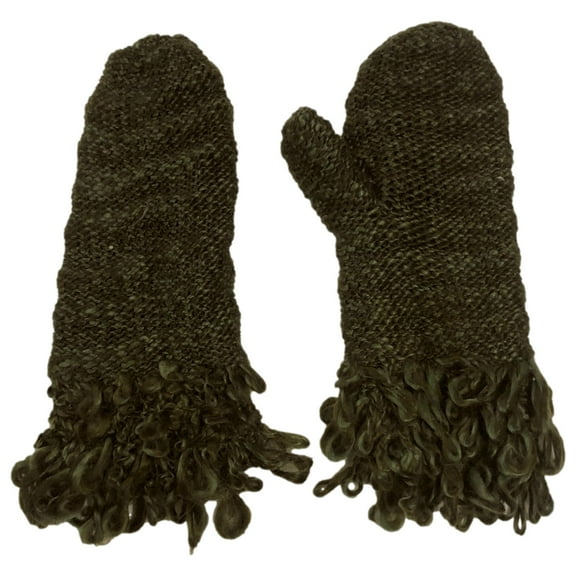 Womens Green Fringe Lumpy Knit Mittens Fleece Lined