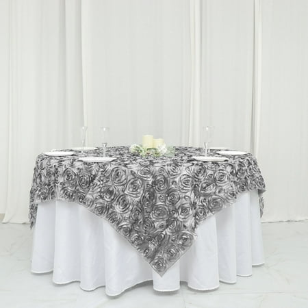 

72 x72 Silver 3D Rosette Satin Square Table Overlay - Case of 12 Overlays