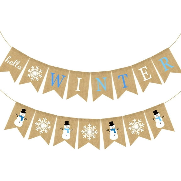 2Pcs Hello Winter Burlap Banner Christmas Snowflake Bunting Garland Blue White Winter Bunting Banner Xmas Snowman Party Sign Flag Christmas Holiday Hanging Garland for Mantle Fireplace Decor