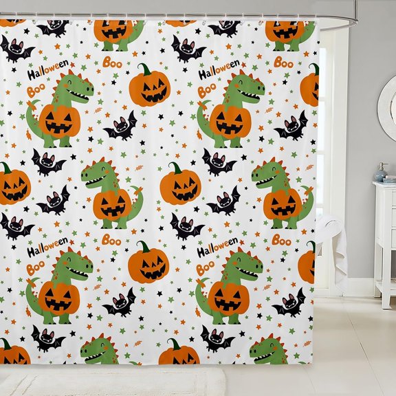 Halloween Dinosaur Shower Curtain Cute Pumpkin And Bat Fabric Bathroom Decor Waterproof With Hooks 71x71 Inches