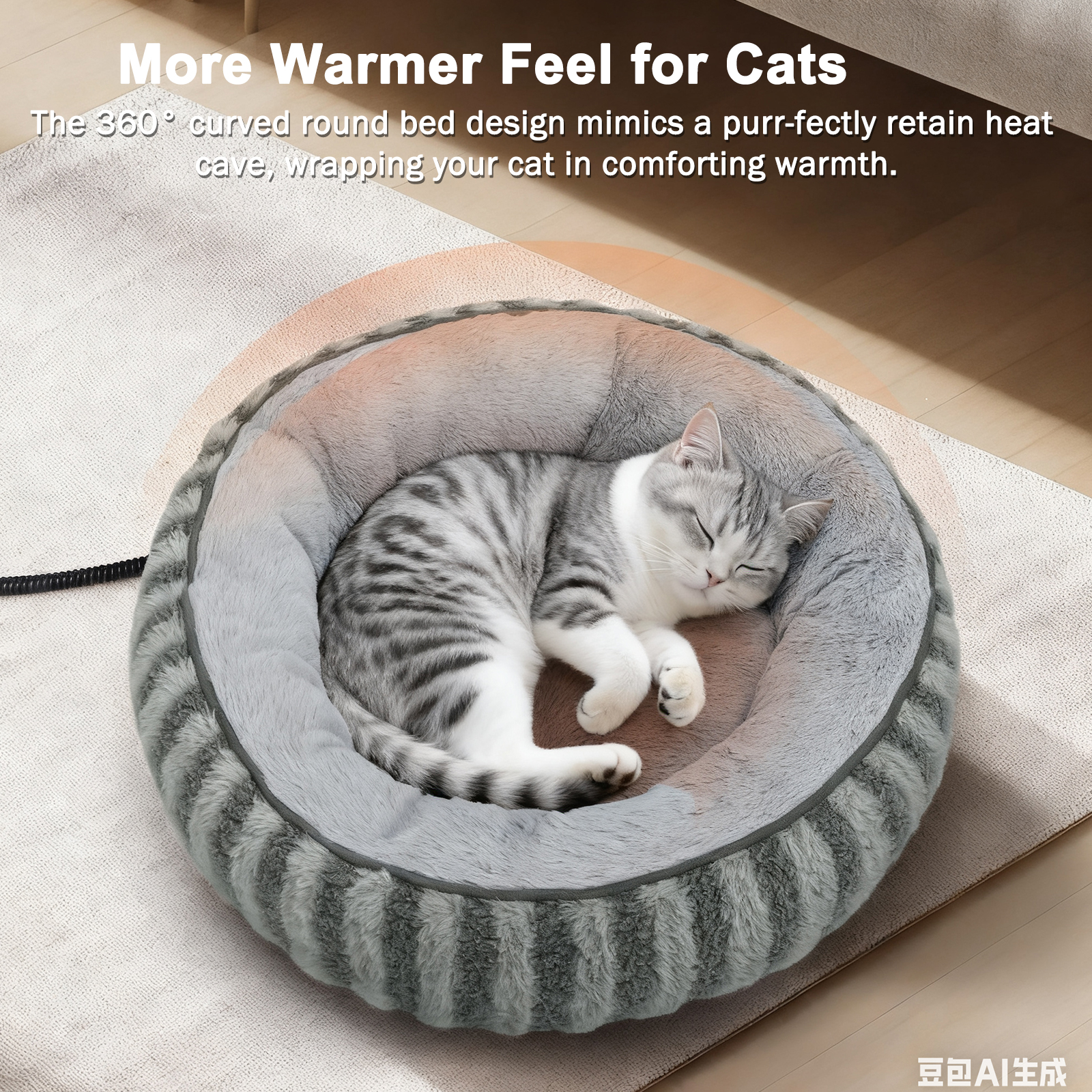 Heated Cat Bed Indoor for Cats and Small Dogs, 20in Donut Heating Pet Bed with Timer and Temperature Control, Waterproof Ultra Soft Cozy Washable Warming Bed, Gray