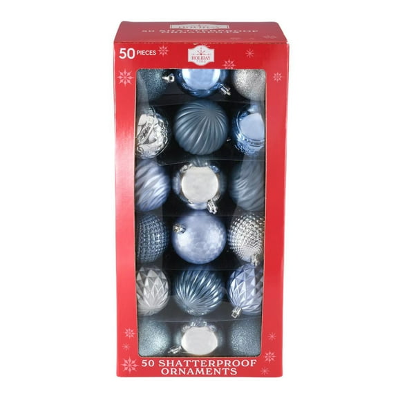 50-Count Silver/Blue/Slate Blue Shatterproof Ball Christmas Ornaments, 2.75 in, by Holiday Time