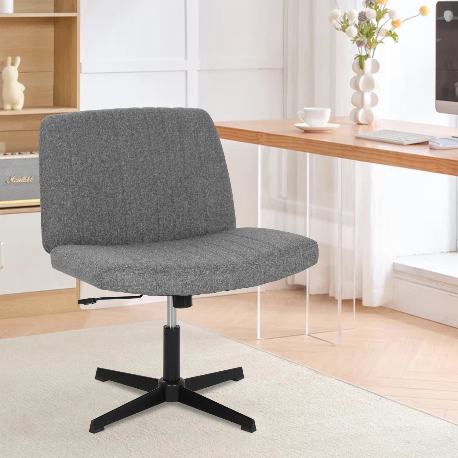 Criss Cross Chair, Armless Cross Legged Desk Chair Wide Seat Computer Task Chair Modern Height Adjustable Mid Back Chair No Wheels （Grey）