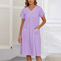 Fazvaoo Ladies Nightgowns 100%Cotton Short Sleeve V-Neck Pockets Short Long Nightdress Loose Sleepwear(Purple,Size S-XXL)