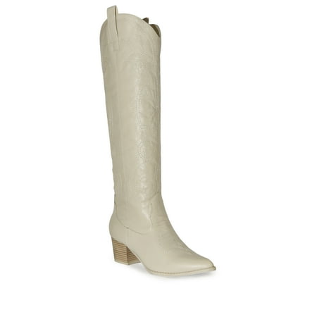 

Wild Diva Pointy Toe Low Block Heel Western Boots (Beige 9)