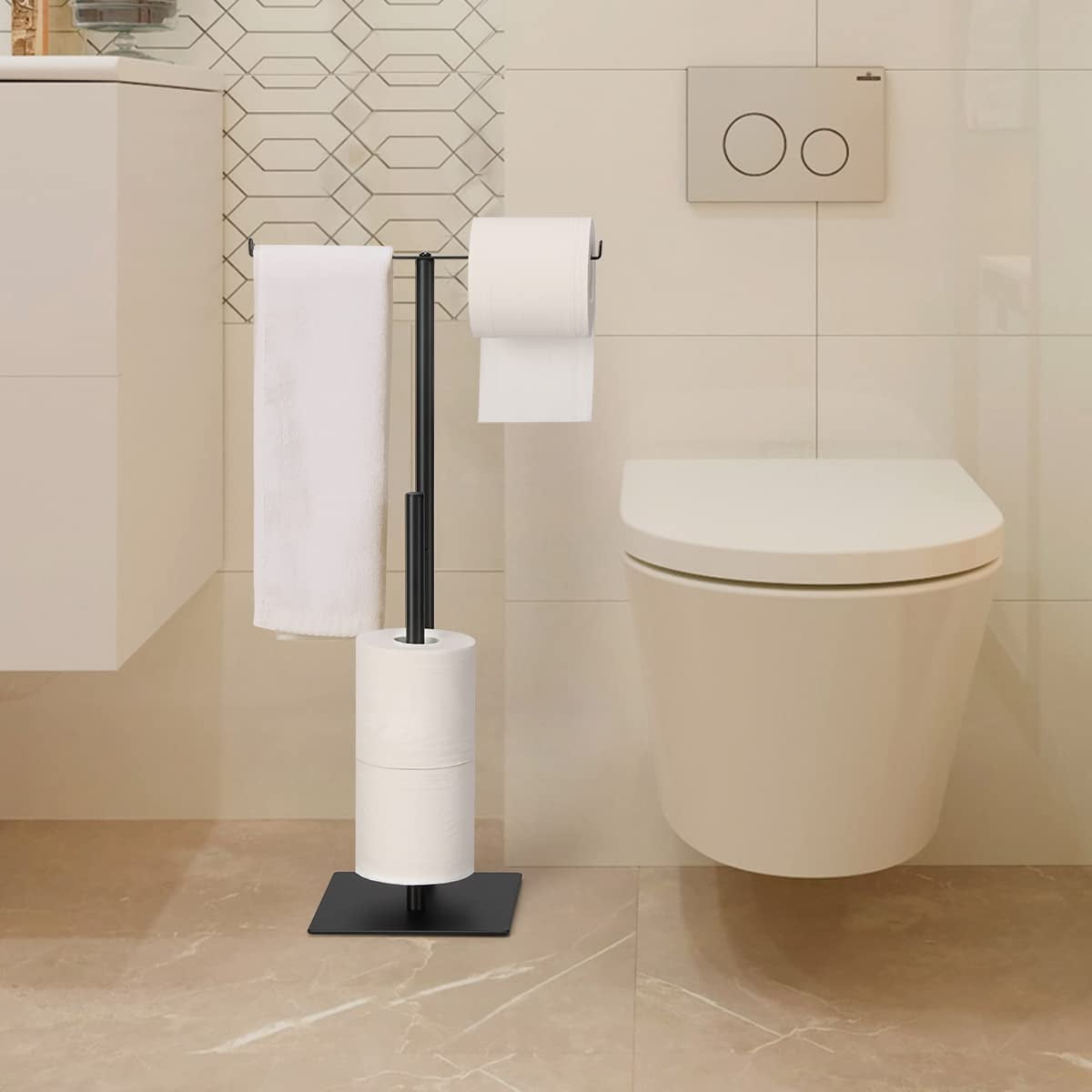Set of 2 Freestanding T-Shaped Double Bar Toilet Paper Holder with Reserve Holder, Black
