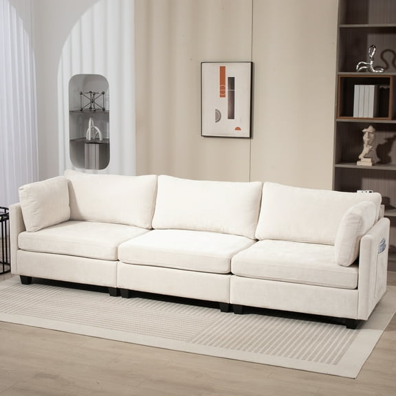 111.42*32.28 inches Comfortable three-seater chenille fabric sofa, soft to sit on, with super soft cushions and side pockets, suitable for living room, apartment. Three-seater deep sofa, beige