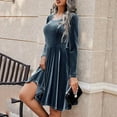 thumbnail image 3 of Long Sleeve Dress for Women Casual Crew Neck Grand Velvet Dress Solid Color Mid Length Dress, 3 of 8