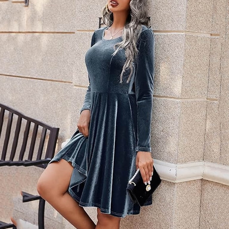 Posijego Women's Velvet Dress Crew Neck Long Sleeve Flowy A Line Short Mini  Dress Casual Party Skater Dresses - Walmart.com